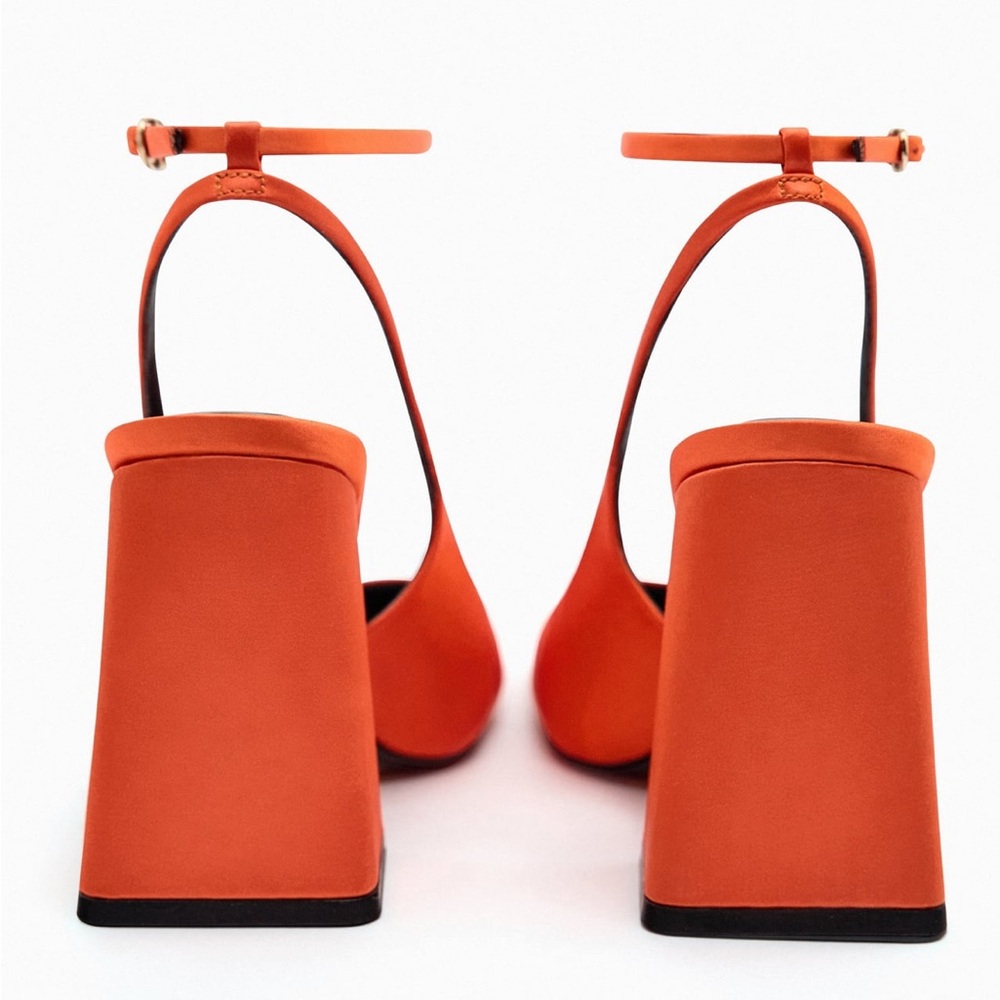 Zara SATIN EFFECT HEELED SLINGBACKS. Orange. Size 6.5. New with Tags. - Picture 3 of 6